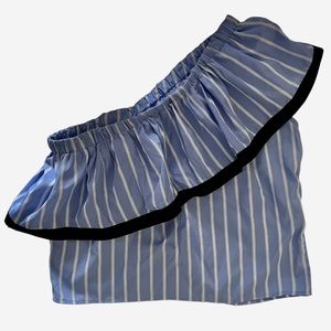 Tuckernuck Blue, White One Shoulder Flutter Black Ribbon Detail Striped Top, OS
